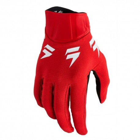 Red SHIFT WHIT3 Label Trac Youth MX glove with padded palms and adjustable wrist strap, designed for motocross riding.