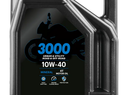 Motul 3000 20W50 4T motor oil bottle, 4 liters, with label showing motor oil specifications and brand logo.