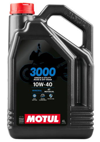 Motul 3000 20W50 4T motor oil bottle, 4 liters, with label showing motor oil specifications and brand logo.
