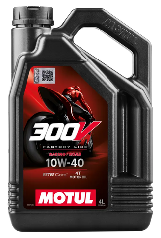 Motor oil bottle labeled Motul 300V Road Racing 10W40 4T, 4-liter container, designed for high-performance motorcycle engines.