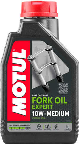 Motul Fork Oil 10W 1L bottle, high-quality motorcycle suspension fork oil, durable and designed for smooth riding.