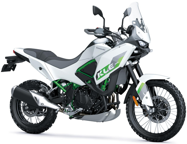 Kawasaki KLE 500 adventure motorcycle, showing the black and green bike with rugged design and touring features.