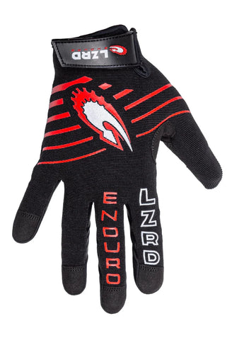 Red LIZZARD MX gloves with long fingers designed for motorcycle riding, featuring durable material and secure fit.