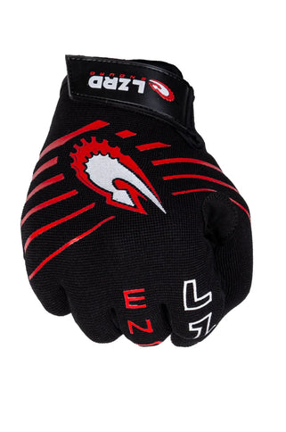 Red LIZZARD MX gloves with long finger design, suitable for riding and motocross activities, shown on a model's hands.