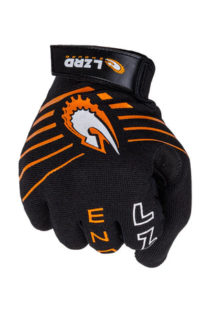 Orange LIZZARD MX long finger gloves with reinforced palms and adjustable wrist straps, designed for motocross riding.