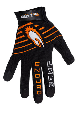 Orange LIZZARD MX long finger gloves designed for motocross riding with durable, flexible protective material.