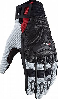 Black, grey, and red LS2 all-terrain gloves with textured palms and adjustable wrist straps for secure fit.