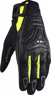 LS2 All-Terrain Gloves in black and yellow showing reinforced palm and adjustable wrist strap for outdoor riding.