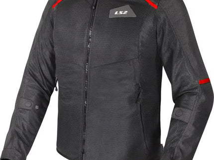 LS2 Breeze motorcycle road jacket in black and red, with protective textile design and branding details.