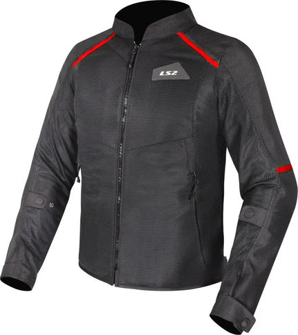 LS2 Breeze motorcycle road jacket in black and red, with protective textile design and branding details.