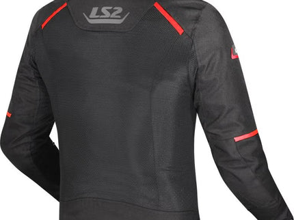 LS2 Breeze black and red motorcycle textile road jacket, with protective padding and adjustable features, shown on a mannequin.