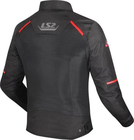 LS2 Breeze black and red motorcycle textile road jacket, with protective padding and adjustable features, shown on a mannequin.