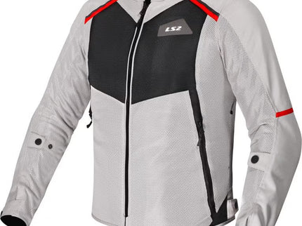 LS2 Breeze motorcycle road jacket in grey, black, and red with protective features, shown on a model.