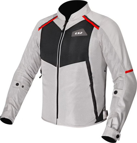 LS2 Breeze motorcycle road jacket in grey, black, and red with protective features, shown on a model.