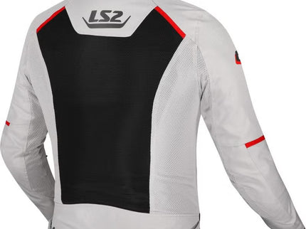 LS2 Breeze grey, black, and red motorcycle textile jacket for road riding, shown on a mannequin.