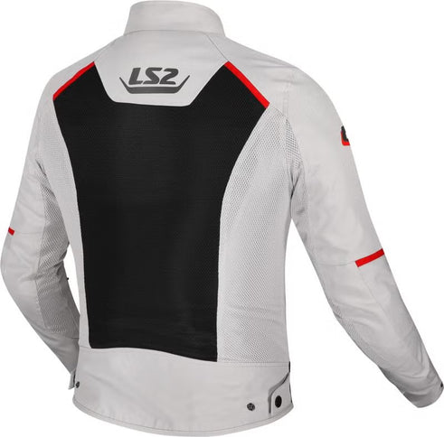 LS2 Breeze grey, black, and red motorcycle textile jacket for road riding, shown on a mannequin.