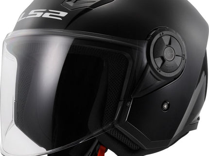 Black LS2 AIRFLOW open face road helmet with sleek design, adjustable visor, and ventilation for motorcycle riding.