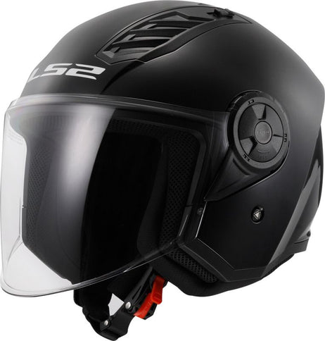 Black LS2 AIRFLOW open face road helmet with sleek design, adjustable visor, and ventilation for motorcycle riding.
