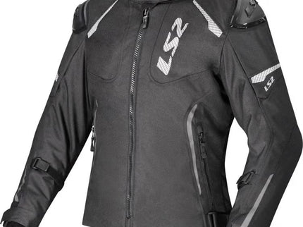 Black LS2 Ladies Zoom waterproof motorcycle jacket with textile design, tailored for women, shown on a figure.