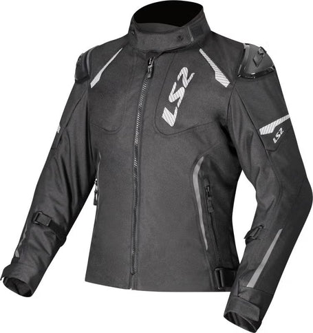 Black LS2 Ladies Zoom waterproof motorcycle jacket with textile design, tailored for women, shown on a figure.