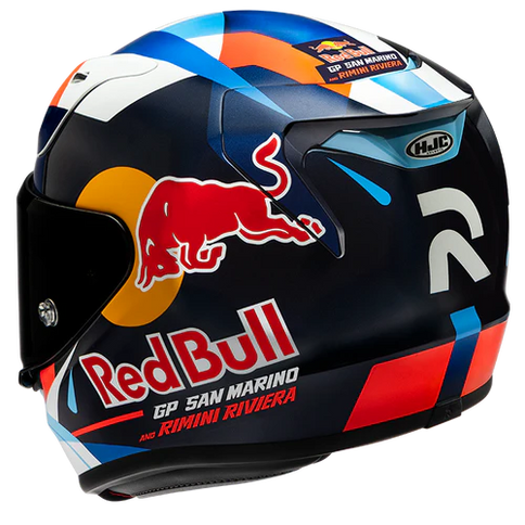 HJC RPHA 12 Red Bull Misano GP II full face motorcycle helmet with red and white design, aerodynamic vents, and clear visor.