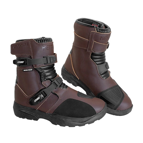 Metalize Explore Adventure Boots in brown with rugged design and sturdy soles, ideal for outdoor exploration and hiking.