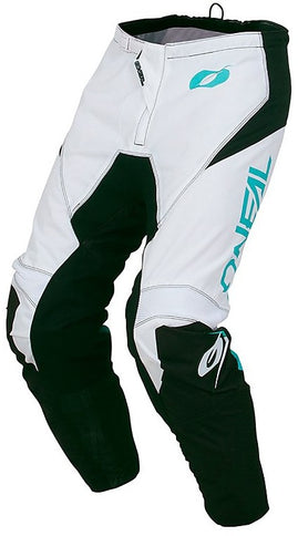 White ONEAL MX racewear enduro pants with reinforced knees and adjustable waist for motocross riding.
