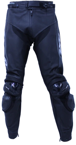 NEXO NFORCE leather pants for road riding, front view showing sleek black leather material and fitted design.