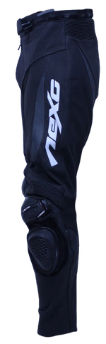NEXO NFORCE leather pants for road riding, featuring a sleek black design and side profile view with reinforced stitching.