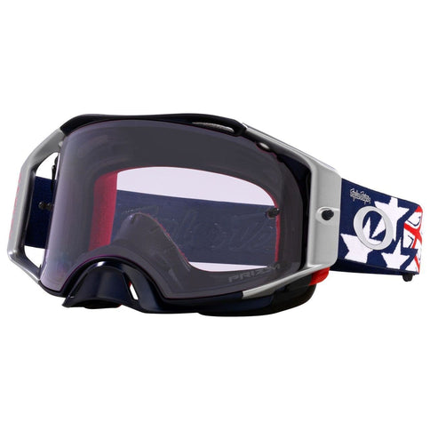 Oakley ABMX Moto Blue B1B MX goggles with Prizm Sapphire lens and red wing accents, designed for motocross riding.