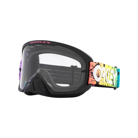 Oakley O-Frame Pro 2.0 MX goggles with black splatter frame and clear lens, designed for motocross riding.