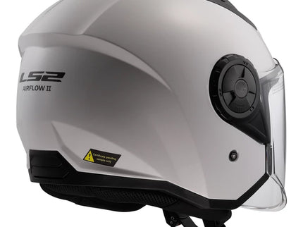 White LS2 AIRFLOW open face road helmet with sleek gloss finish, featuring adjustable vents and a secure strap for motorcycle riding.