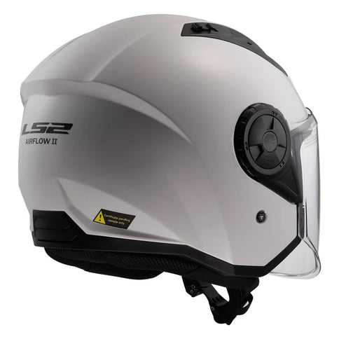 White LS2 AIRFLOW open face road helmet with sleek gloss finish, featuring adjustable vents and a secure strap for motorcycle riding.
