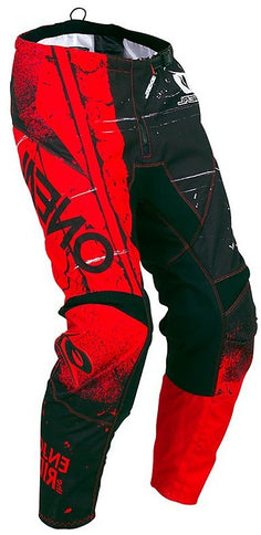 Red ONEAL MX Shred motorcycle enduro pants with reinforced knees and adjustable waist for motocross riding.