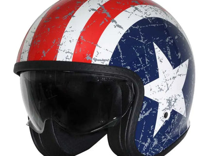 Open face ORIGINE Spirit Rebel Star road helmet in red, white, and blue with star design, featuring a sleek, sporty look.