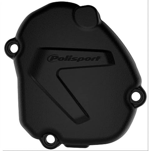 POLISPORT Yamaha YZ125 ignition cover protection for bikes from 2005 to 2018, durable black plastic motorcycle part.