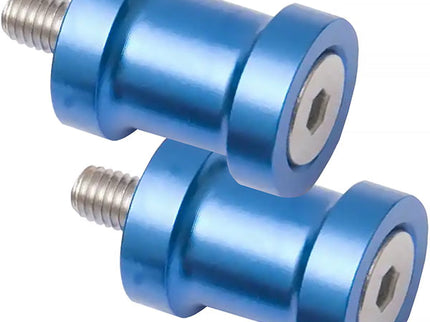 Blue paddock bobbins for R&G M6 racing paddock stand, designed to protect and support motorcycle during maintenance.