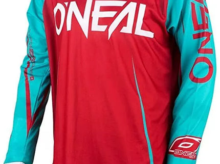 ONEAL Mayhem Blocker blue and red motocross jersey with bold design and breathable fabric, perfect for MX riders.