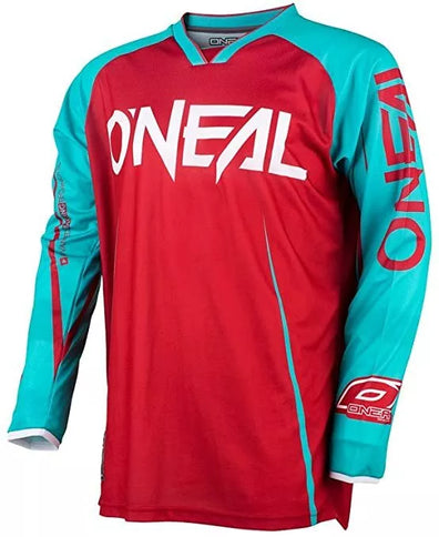 ONEAL Mayhem Blocker blue and red motocross jersey with bold design and breathable fabric, perfect for MX riders.