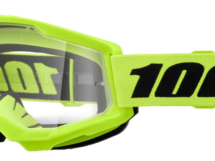 100% STRATA 2 MX goggles with neon yellow clear lens, featuring a sleek design and durable frame for motocross riding.