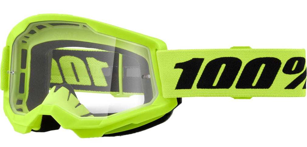 100% STRATA 2 MX goggles with neon yellow clear lens, featuring a sleek design and durable frame for motocross riding.