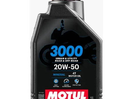 Motul 3000 20W50 4T motor oil 1-liter bottle, featuring the black and yellow label with oil product details.