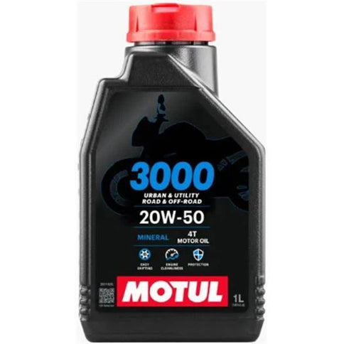 Motul 3000 20W50 4T motor oil 1-liter bottle, featuring the black and yellow label with oil product details.