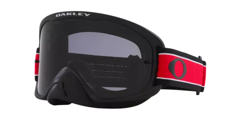 Oakley O Frame PRO 2.0 MX goggles with red stripe design and gray lenses, featuring a durable frame for motocross riding.