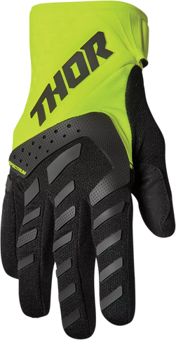 Black and acid-colored Thor Spectrum MX gloves with reinforced palms and flexible design for motocross riding.