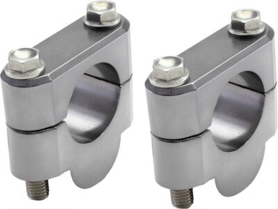 Silver ZETA 19mm bar raisers designed for BMX bikes, shown in a close-up image highlighting their sleek metal finish and mounting details.