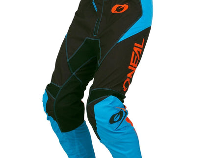 Blue ONEAL MX racewear motocross pants with reinforced knee areas and adjustable waist for a secure fit.