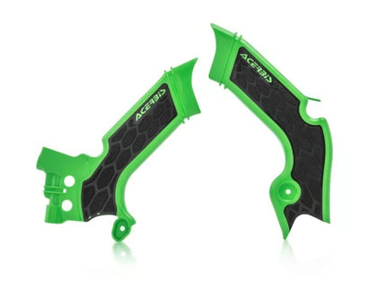 Acerbis green bike protection frame guard mounted on a bicycle frame, showing durable plastic material and vibrant green color.