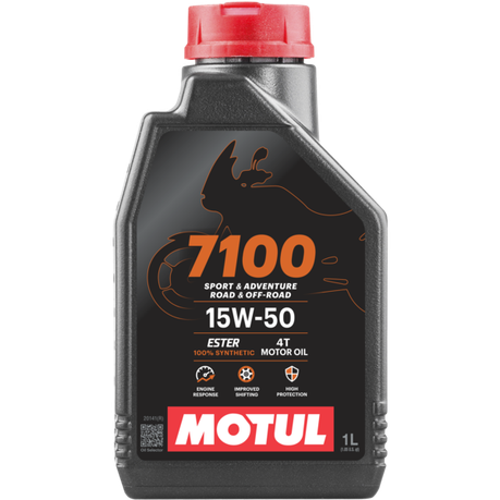 Motorcycle motor oil Motul 7100 15W50 4T in 1-liter container, high-quality synthetic oil for 4-stroke engines.
