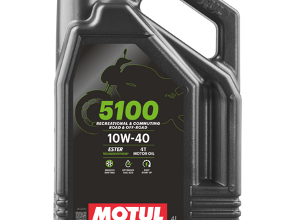 Motor oil bottle labeled Motul 5100 10W40 4L, 4-liter container of Motul 4T motor oil for motorcycles.